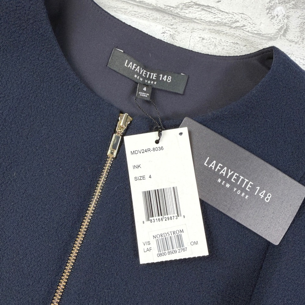 Lafayette 148 Dress Womens‎ 4 Ink Blue Wool Zip Front Short Sleeve Luxury NWT